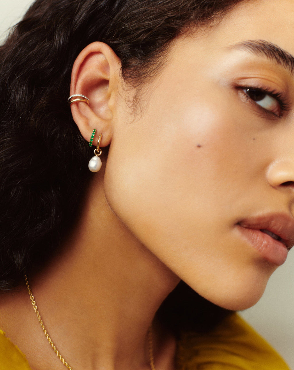 Solid Gold Pearl Drop Mini Hoop Earrings