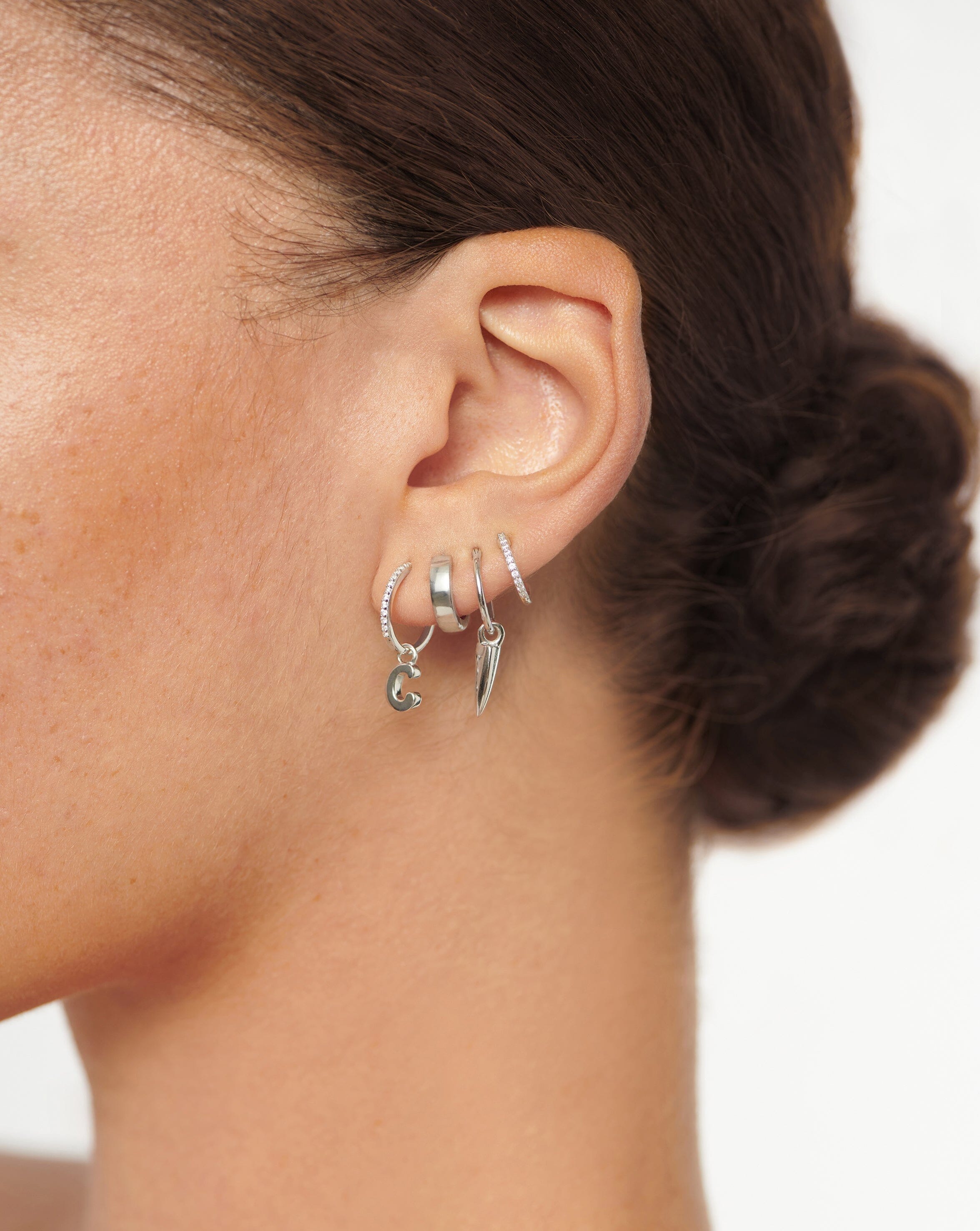 Initial Single Charm Hoop Earring  - Initial C | Sterling Silver